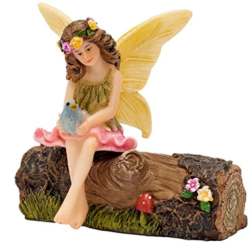 PRETMANNS Fairy Garden Accessories Outdoor - Small Fairy & Log 2 Pc | Hand-painted resin; indoor and outdoor use; suits terrariums, pots, and miniature village displays