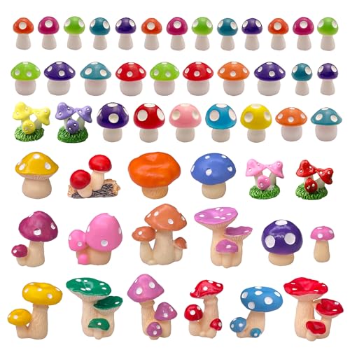 50 Pcs Cute Colorful Mushroom Figurines Miniature Resin Mushroom, Tiny Mushrooms for Indoor Outdoor Decoration