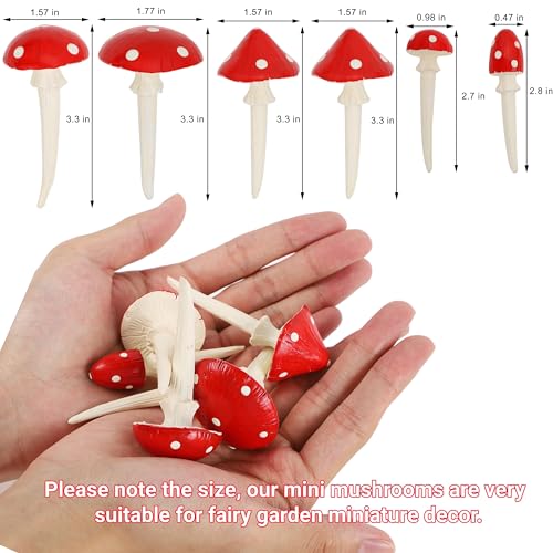 Juegoal Set of 6 Fairy Garden Miniature Mushrooms Statues, Glow in Dark Mini Red Mushroom Resin Figurines, Outdoor Garden Yard Art Accessories, Fly Agarics Sculpture Lawn Ornament Decorations