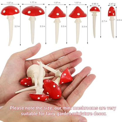 Juegoal Set of 6 Fairy Garden Miniature Mushrooms Statues, Glow in Dark Mini Red Mushroom Resin Figurines, Outdoor Garden Yard Art Accessories, Fly Agarics Sculpture Lawn Ornament Decorations