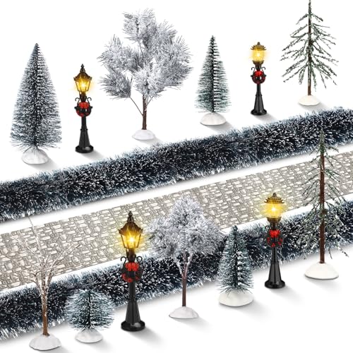 Hotop 18pc Christmas Village Accessories 47.2 Inch Village Roads Mini Snowy Trees Streets Light Lamppost Hedge Figurines Set for Display Winter Holiday Decorations DIY Crafts No Batteries(Trendy) - style: Trendy