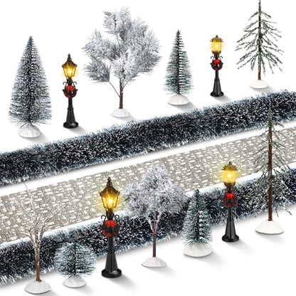 Hotop 18pc Christmas Village Accessories 47.2 Inch Village Roads Mini Snowy Trees Streets Light Lamppost Hedge Figurines Set for Display Winter Holiday Decorations DIY Crafts No Batteries(Trendy) - style: Trendy
