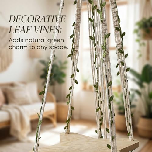 39 Inch Macrame Plant Hanger - Wooden Star Base Tray with Decorative Faux Leaf Vines, Boho Hanging Planter Holder for Indoor Plants - Wood and Cotton Rope