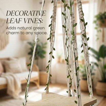 39 Inch Macrame Plant Hanger - Wooden Star Base Tray with Decorative Faux Leaf Vines, Boho Hanging Planter Holder for Indoor Plants - Wood and Cotton Rope