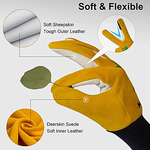 Cactus Gloves, 2 Layers Leather Palm, Deerskin Back Women Gardening Gloves | Thorn Proof for Cacti Handling, Elastic Cuff, Touch Screen, Goatskin with Deerskin Leather Palm Garden Gloves for Women - size: Small (Pack of 1)