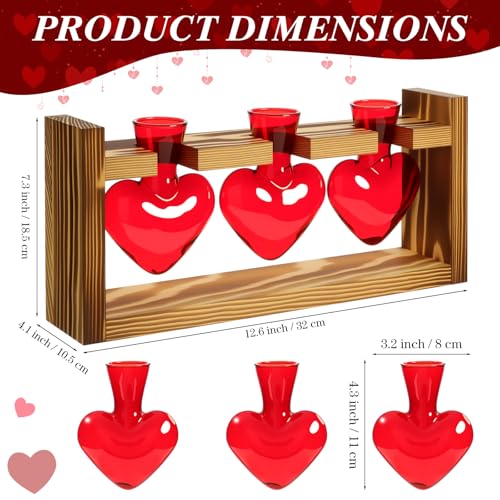 Remerry Red Heart Plant Terrarium with Wooden Stand 3 Heart Glass Vases Planter, Tabletop Propagation Hydroponics Station, Mother's Day Plant Lovers Gift - color: Red, size: 3 Heart Vases, style: Red Heart
