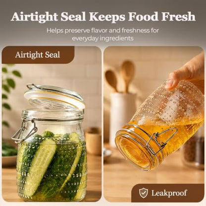 ComSaf Glass Pantry Jars with Airtight Lids 34 oz 6 Pack Wide Mouth Hobnail | Coffee beans sugar, Snacks pasta, Pickling fermenting, Pantry organization, Clear body, Countertop storage, Dry goods - size: 34 fl oz/6pcs
