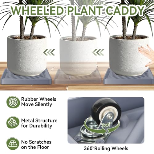 12.2" SquarePlant Caddy Beige with Hidden Wheels & Garden Tools Set | 2-Pack 250 LBS Heavy Duty Plant Caddy with 360° Silent Wheels for Large Planters & Heavy Items Indoors/Outdoors - size: 12.2 Inch - Grey (2 Pcs)