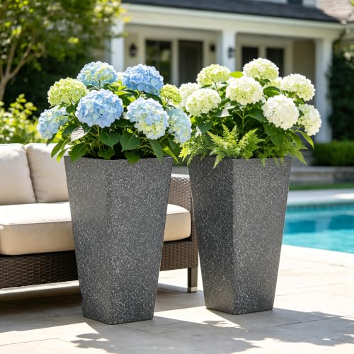 Autodaya 28" Oversized Black Terrazzo-Look PP Tall Planters Set of 2 - color: Faux Black Terrazzo-28"h