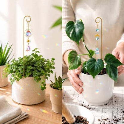 4 Pcs Small Trellis for Potted Plants Indoor with Crystal Sun Catcher Pendant, Metal Plant Stake for Mini Potted Plant Decoration for Home Window Garden
