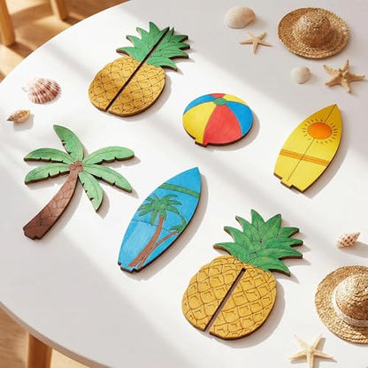 DIY 3D Summer Wood Crafts to Paint, 4 Styles DIY Blank Unfinished Wooden Slices for Craft, Beach Chair Surfboard Pineapple Coconut Tree Cutouts Ornament for Painting Decorations (45 PCS) - size: Summer