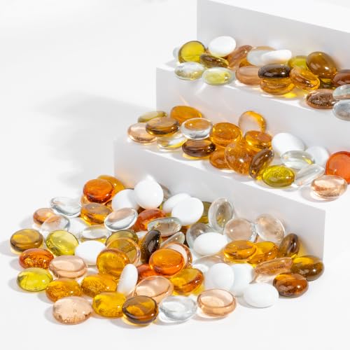 1LB Flat Glass Marbles Stones Flat Bottom Marble Beads 17-19mm Smooth Stone Pebbles for Home Decoration Fire Pit Landscaping Glass Gemstone for Fish Tanks Flower Pots DIY Crafts (6Colors MixA) - color: Clear、White、Yellow、Champagne、Brown、Pink