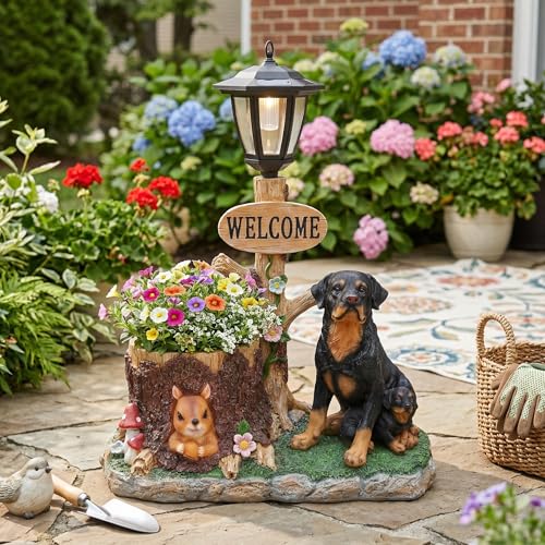 Rottweiler Solar Outdoor Garden Statue - Extra Large 25" Dog Planter with Tree Stump Squirrel Decor and Welcome Sign, LED Lantern for Yard Landscape, 18lbs Heavy Duty Resin Art - color: Doberman Pinscher Right