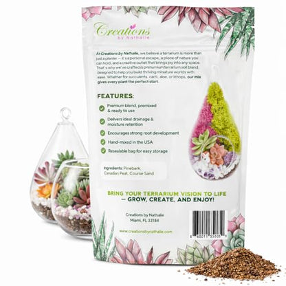 Creations by Nathalie 2.2 QT Succulent & Cactus Soil Mix for Terrariums | Natural, ready-to-use soil mix with pine bark, Canadian peat & coarse sand for succulents, cactus, aloe & terrariums.