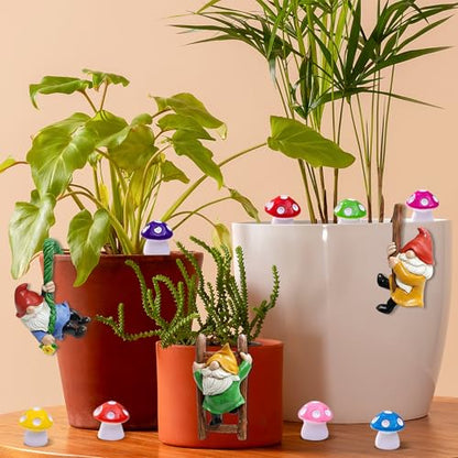 3Pcs Climbing Gnomes with 8Pcs Mini Mushrooms for Plant Pot Decor - Resin Dwarf Little Mushroom Statue Fairy Garden Resin Crafts Yard Flower Pot Decor for Bonsai Micro Landscape Craft