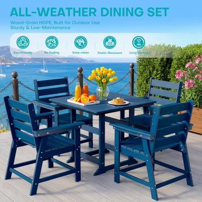 5 Piece Patio Dining Set, HDPE All-Weather Furniture,Navy | Waterproof 4 Chairs with Armchair Seat & 1 Square Table, Natural Wood Look for Backyard, Garden, Patio - color: Navy, size: Square 5-Piece Dining Set