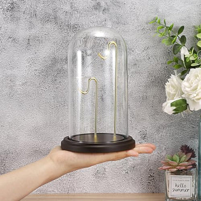 JUXYES Clear Glass Pocket Watch Display Dome Case with Base, 4x8 Inches | Clear Glass, Dust Proof, Bell Terrarium Jar with 2 Golden Hanging Hook, For Pocket Watch Collectors and Antique Enthusiasts - color: Gold/Dark Red