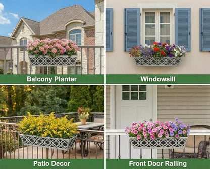 Y&M 24'' Railing Planter Box Set with Black Non-Woven Liner, Gray Metal Large Hanging Flower Boxes with Adjustable Brackets for Fence, Deck, Balcony, and Garden - 4 Pcs - color: Flower 24in 4p-gray
