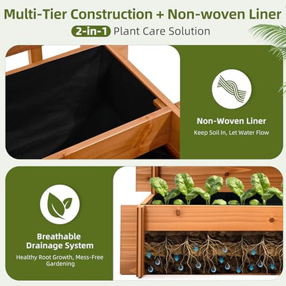43" 3-Tier Fir Wood Raised Garden Bed Planter with Trellis | Fir wood tiered planter with trellis, liners, and 3 growing beds for flowers, herbs, veggies, vines, patio, or yard - color: 3-tier Raised Garden Bed With Trellis