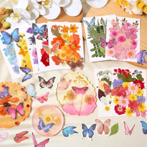 318 PCS Pressed Flowers Butterfly Stickers for Craft, Real Dried Pressed Flowers Bulk Natural Dry Flowers Floral with DIY Butterfly Stickers Tweezers for Art, Resin Mold, Candles, Soap, Jewelry Making - color: 318 Pcs Pressed Flowers Butterfly Stickers