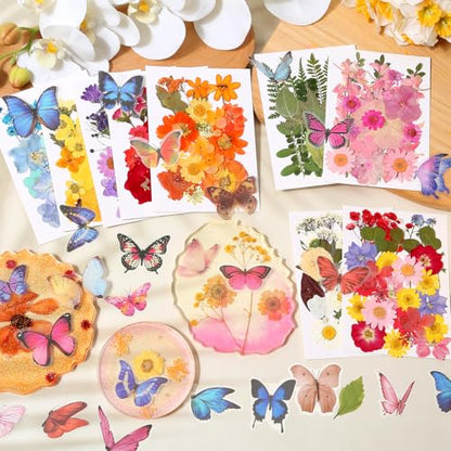 318 PCS Pressed Flowers Butterfly Stickers for Craft, Real Dried Pressed Flowers Bulk Natural Dry Flowers Floral with DIY Butterfly Stickers Tweezers for Art, Resin Mold, Candles, Soap, Jewelry Making - color: 318 Pcs Pressed Flowers Butterfly Stickers