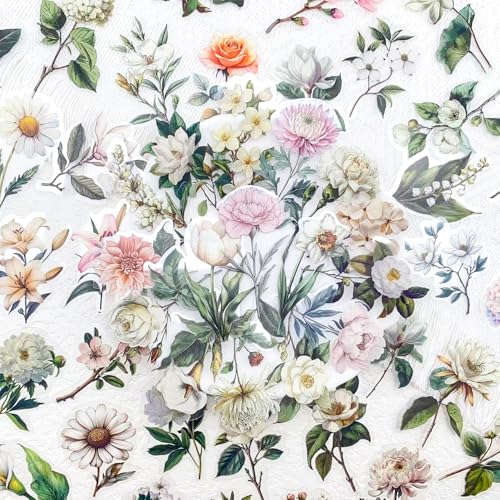 50pcs White Flower Scrapbook Stickers – Vintage Botanical Clear Floral Aesthetic Stickers for Journaling, Scrapbooking, Cards, Planners - color: White Flower