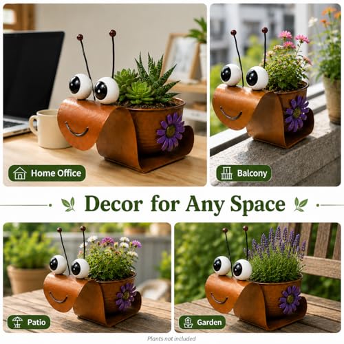 Snail Metal Planter, Cute Animal Iron Plant Pot for Succulents, Cactus & Small Flowers, Whimsical Indoor Outdoor Garden Decor for Desk, Patio, Balcony, Gift for Plant Lovers