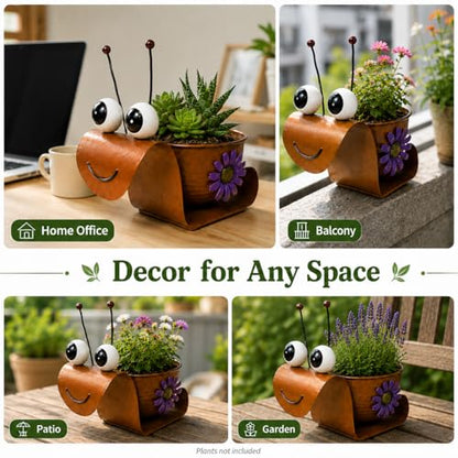 Snail Metal Planter, Cute Animal Iron Plant Pot for Succulents, Cactus & Small Flowers, Whimsical Indoor Outdoor Garden Decor for Desk, Patio, Balcony, Gift for Plant Lovers