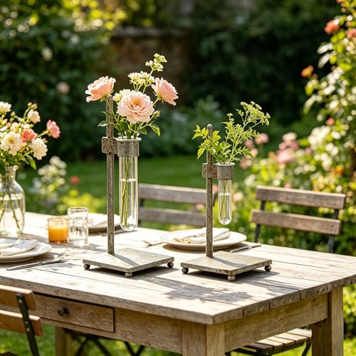 Retro Test Tube Vase Set of 2, Rustic Metal Plant Propagation Station with Clear Glass Tubes, Hydroponic Planter for Home Office Tabletop Decor, Ideal Gifts for Women Mom Plant Lovers (Yellow) - color: Yellow