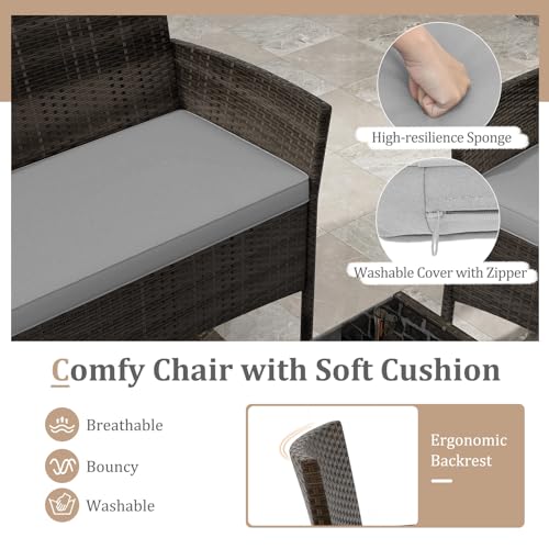 KOTEK 4 Piece Patio Furniture Set, Outdoor Rattan Conversation Set with Loveseat, Wicker Chairs, Tempered Glass Coffee Table, Wicker Patio Set for Backyard, Porch (Grey) - color: Grey