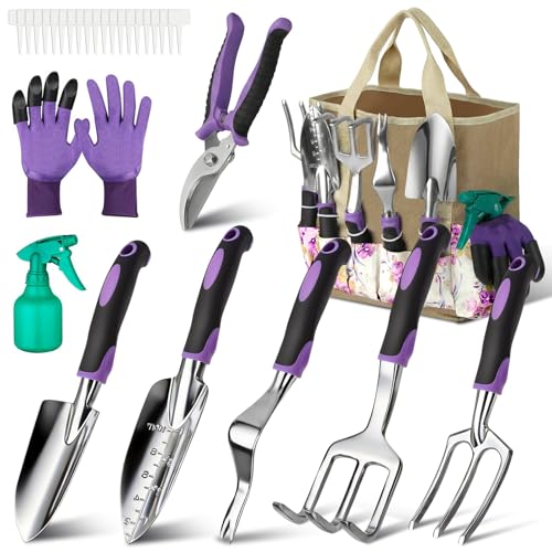Garden Tools Set, 30 Piece Stainless Steel Gardening Kit with Vintage Floral Tote Bag, Non-Slip Ergonomic Rubber Handle, Ideal Gift for Women & Beginners, for Succulent, Home Garden - style: Purple