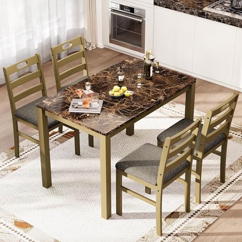 PHI VILLA Dining Table Set for 4, Marble Design Kitchen Table and Chairs - color: Emperador Dark Marble& Olive