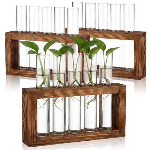 3-Pack Glass Plant Propagation Stations with Wooden Stand, Gardening Gifts for Women Mom Plants Lovers, 15 Glass Test Tubes Vases for Hydroponic Plants Desktop Terrarium Decor
