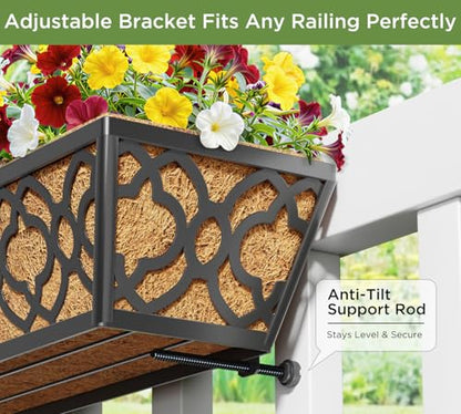 Y&M 36 Inch Window Deck Planter with Coco Liner, Metal Hanging Flower Boxes for Fence, Railing, Balcony, and Outdoor Garden Lawn – 4pcs - color: Flower 36in 4p