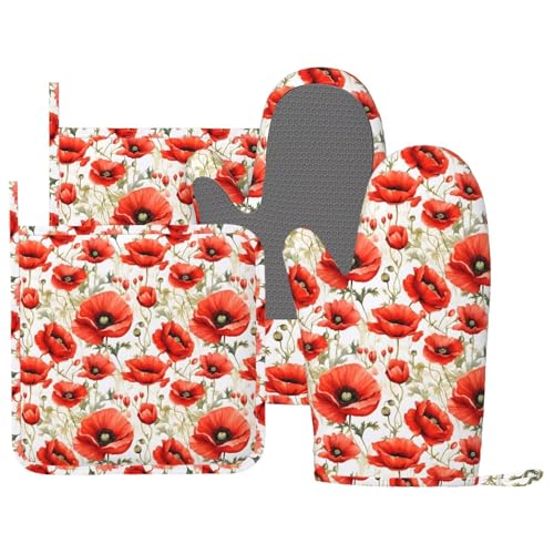 Watercolor Bright Red Poppy Flowers Oven Mitts and Pot Holders for Heat Resistant Silicone Oven Mittens and Potholders Gloves Hot Pads for Kitchen Cooking Baking Grilling BBQ - color: Red