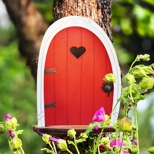 Fairy Garden Accessories for Trees Miniature Fairy-Doors Wall Wooden Doors Ornaments Art Sculpture Decoration DIY Fairies Indoor/Outdoor Mystical Door for Tree Trunk(Red) - color: Red