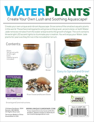 WaterPlants- Create Your Own Lush and Soothing Aquascape Terrarium Starter Kit, Indoor Plant Glass Globe Terrariums with Powerful 3 LED Light and Complete Supplies, Just Add Water!