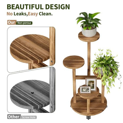 Uneedem 4 Tier Plant Stand Indoor with Wheels, Wood Tall Corner Plant Shelf | Rolling Plant Rack for Indoor Plants, Multi-tier Planter Pot Holder Flower Stand for Outdoor Living Room Balcony Garden Patio