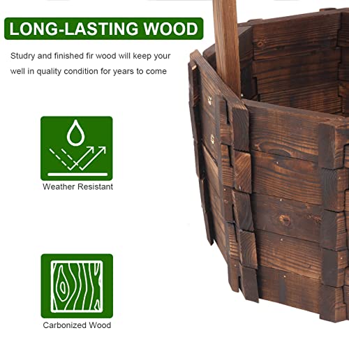 Wooden Planter, Wishing Well with Height Adjustable Bucket | Triangulated Roof for Garden Planter Patio Decoration Yard Ornamental Home Décor