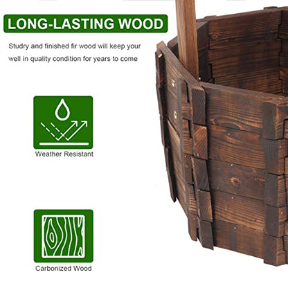 Wooden Planter, Wishing Well with Height Adjustable Bucket | Triangulated Roof for Garden Planter Patio Decoration Yard Ornamental Home Décor