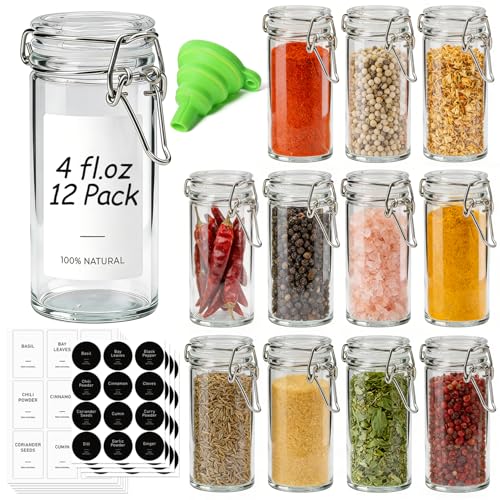 ComSaf Small Glass Spice Jars with Airtight Lids 4oz 12 Pack with Labels | BPA-free food-grade glass, airtight lid, full spice collection, herb & seasoning, 16 labels, decorative - size: 4oz*12