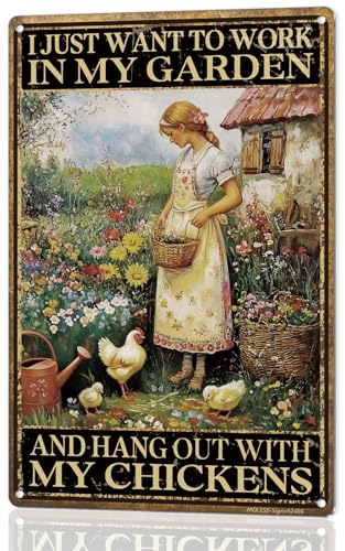 8x12″ Chicken Coop Sign, Funny Garden Decor, Garden & Chickens, 2486 | Vintage & Rustic Style; Garden Signs & Decor for Outside; Gifts for Women & Mom; Chicken Lady Gifts; Weatherproof Aluminum - style: Hangout with Chickens
