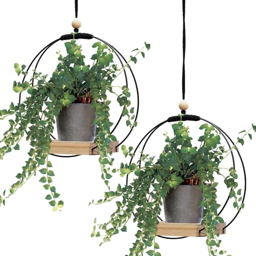 Geelin 2 Pack Plant Hanger with Wood Base Hanging Window Planter Boho Macrame Hanging Plant Holders for Window Indoor Outdoor Room Ceiling Home Decorations(Black) - color: Black