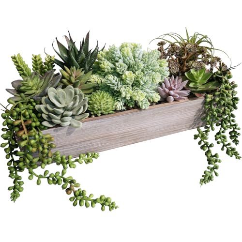 Winlyn 15" Artificial Succulents Plants Arrangement Fake Succulent Plants in Whitewashed Rectangular Wooden Planter Box Faux Potted Plant Decor for Home Windowsill Shelf Farmhouse Table Centerpiece - color: Whitewashed