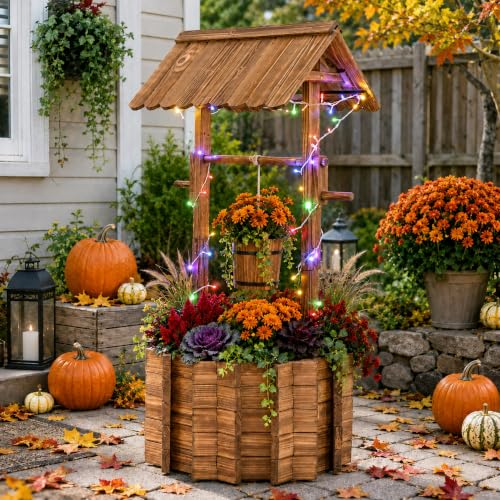 54" Outdoor Garden Wishing Well Planter with LED Lights | Rustic fir wood decor with 11 light modes, timer, adjustable bucket, drainage base, and liner for Yard, Patio, Backyard - color: Wishing Well Planter-carbonized Wood