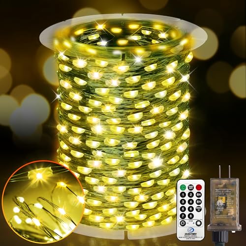 KNONEW 203FT 600LED Green Wire Outdoor Fairy Lights Plug in Warm White Xmas | Timer,Memory,Dimmable,Remote,Waterproof,Green Wire,Invisible in Greenery,for Garden,Wedding,Party, Indoor/Outdoor, Christmas - color: Warm White, size: 203FT 600 LED Green Wire