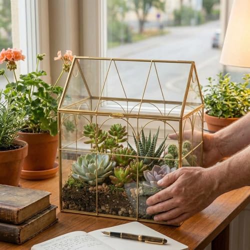 Fochier Geometric Glass Terrarium Planter, Handmade House-Shaped with Front Opening Door, Small Succulent & Cactus Display Box with Lid, Indoor Tabletop Micro Landscape Decor, No Plants, Gold
