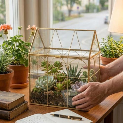 Fochier Geometric Glass Terrarium Planter, Handmade House-Shaped with Front Opening Door, Small Succulent & Cactus Display Box with Lid, Indoor Tabletop Micro Landscape Decor, No Plants, Gold