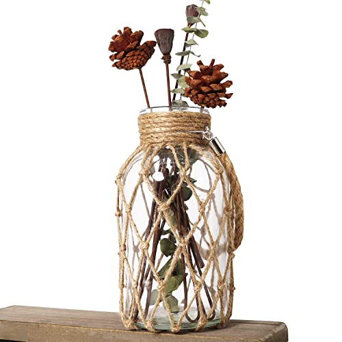Rustic Hanging Mason Jar Creative Rope Net Dry Flower Glass Vase with Handle, Hemp Rope and Glass, 8" x 4" - color: 1 Vase 8"
