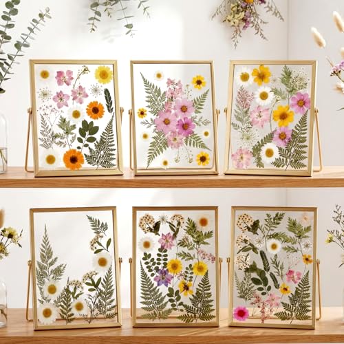 Reallnaive Pressed Flower Frame 5 x 7 Inches, Kit Includes 4 Pcs Gold Metal Floating Picture Frames and 68 Pcs Dried Pressed Flowers for Crafts, DIY, Wedding, Tabletop Display, Home Decor, Gifts